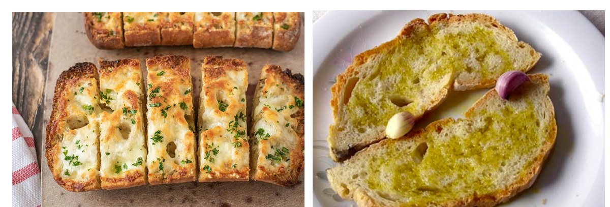 Two photos of garlic bread - North American garlic bread on the right with butter, herbs and cheese, and Italian garlic bread on the right - toasted bread, olive oil and fresh garlic