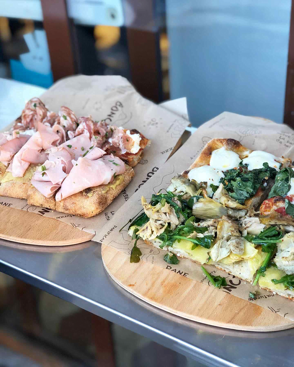 Bonci pizza on wooden boards